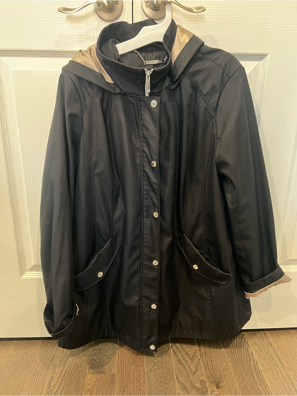 dennis basso Black Trench Coat with Tan Hood Trim